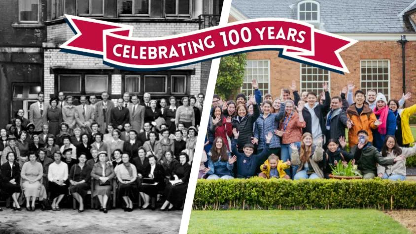 split image of past and present teacher exchange groups and a banner for celebrating 100 years