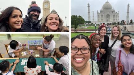 collage of Fulbright teachers on international field experiences in the UK, India, and Taiwan