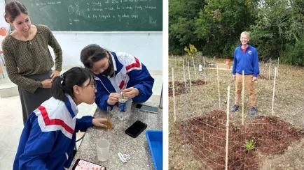 A picture of a teacher working with students and a picture of a teacher in a garden