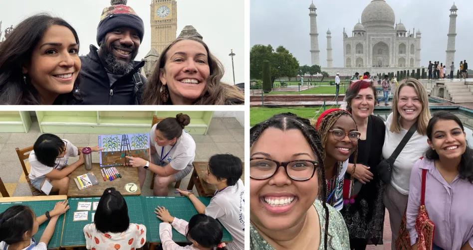 collage of Fulbright teachers on international field experiences in the UK, India, and Taiwan